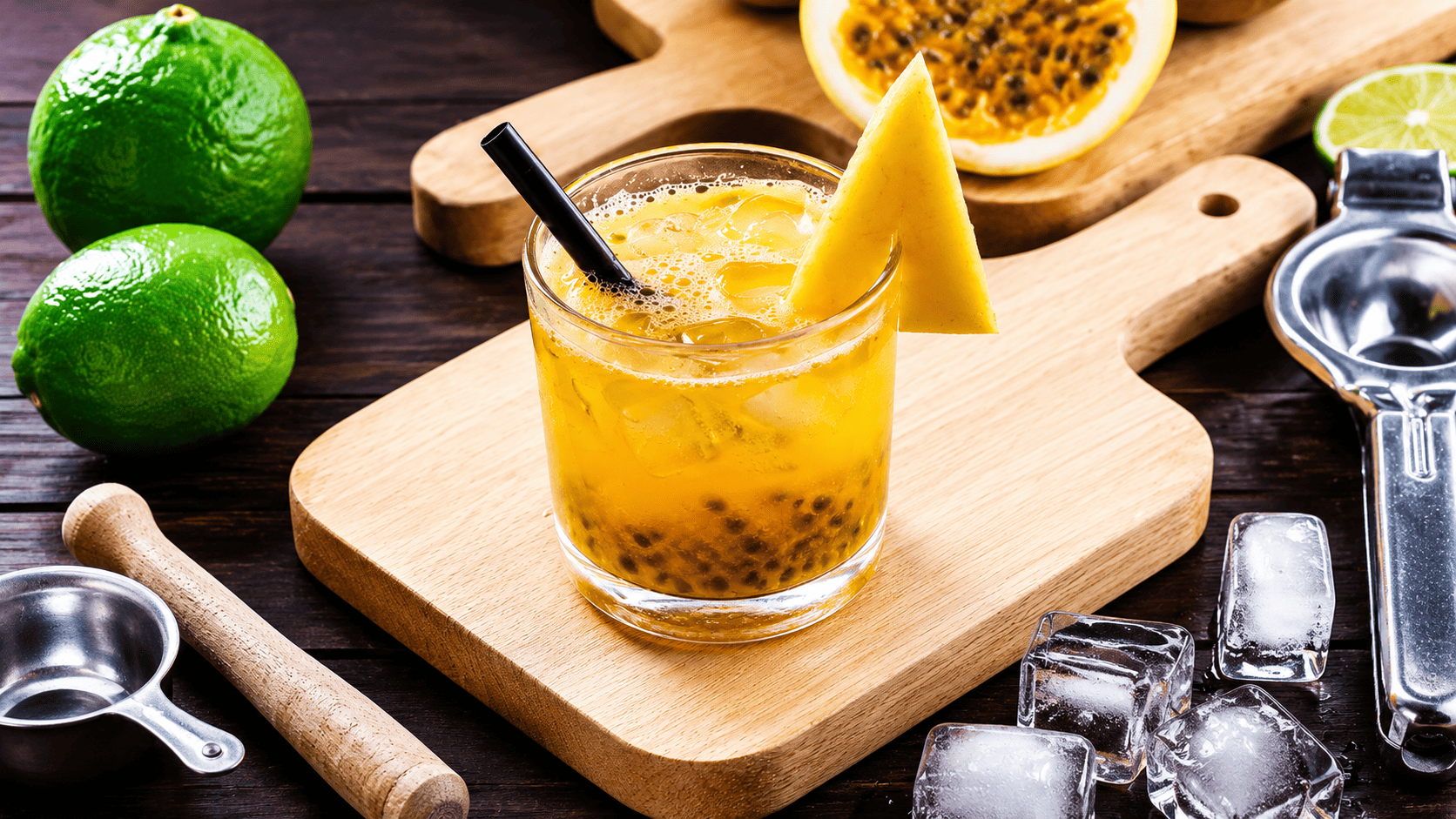 Tropical Passion Fruit Cocktail made with fresh lime and premium ingredients