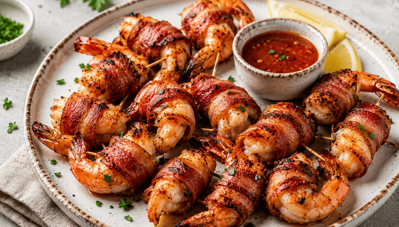 Camarones envueltos en tocino servidos con salsa para mojar y gajos de limón.