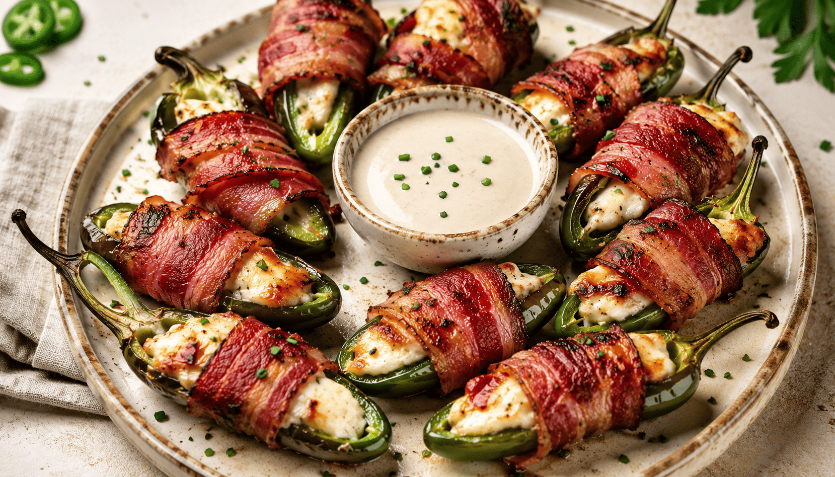 Jalapeños rellenos envueltos en bacon, servidos con una salsa cremosa para dipear.