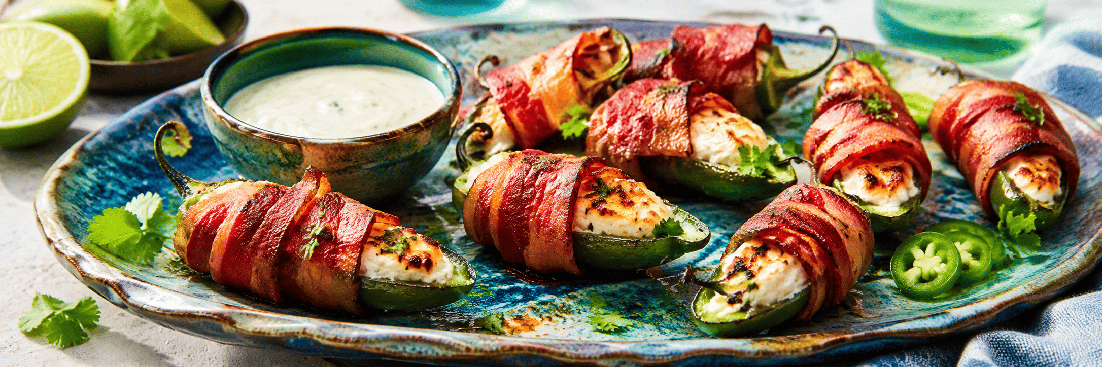 Jalapeños rellenos envueltos en bacon | Roatan Provision Jalapeños rellenos de queso cremoso, envueltos en bacon y servidos con salsa para dipear.